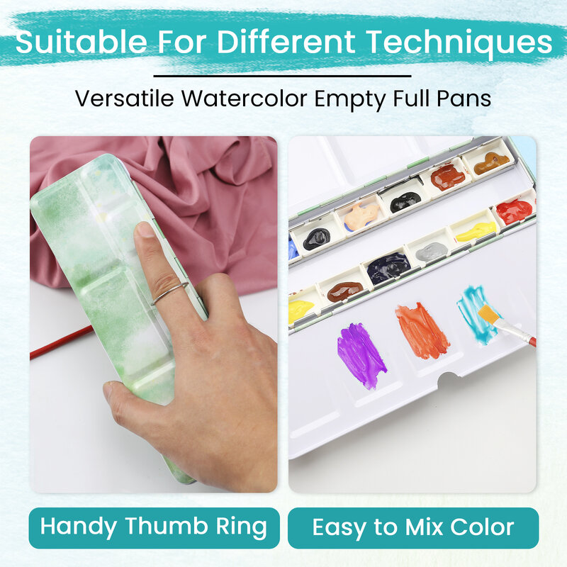 Watercolor Palette Empty w/Removable Paint Tray & 14PCS Empty Watercolor Full Pans - Travel Watercolor Palette with Lid