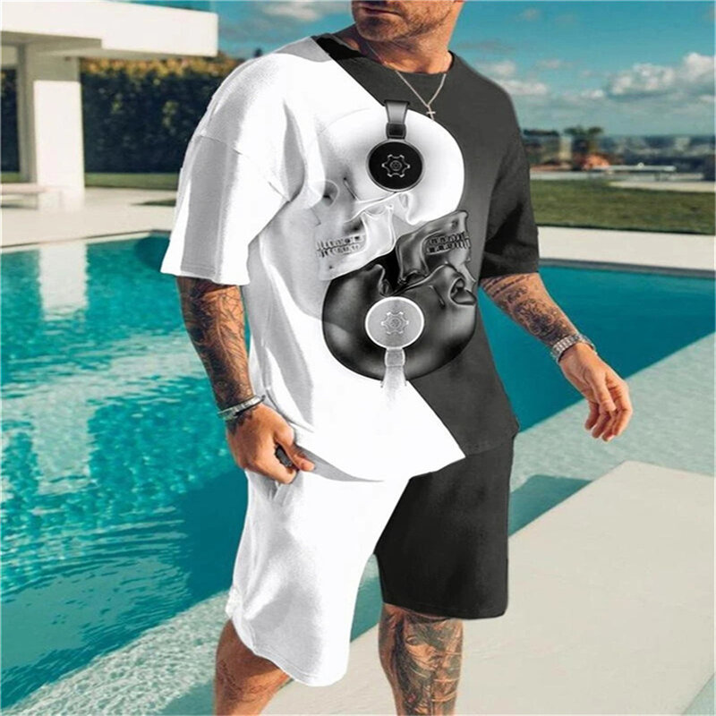 Letni męski garnitur z krótkim rękawem t-shirt z nadrukiem Tai Chi wzór 3D odzież sportowa bluzka typu Oversized spodenki oddychające Sportswea
