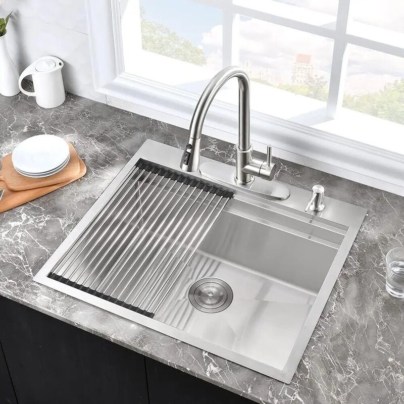 25 Inch Stainless Steel Kitchen Sink Drop In Workstation-Hovheir 25x22 Drop In Kitchen Sink Double Ledges