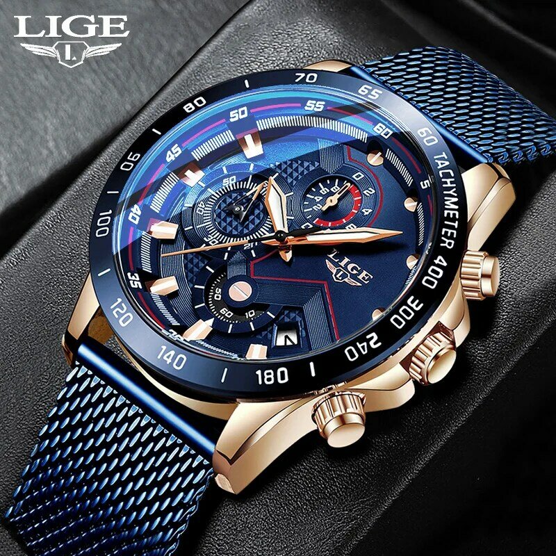 LIGE-최고 브랜드 럭셔리 오리지널 스포츠 손목 시계, 남성용 쿼츠 스틸 방수 패션 시계