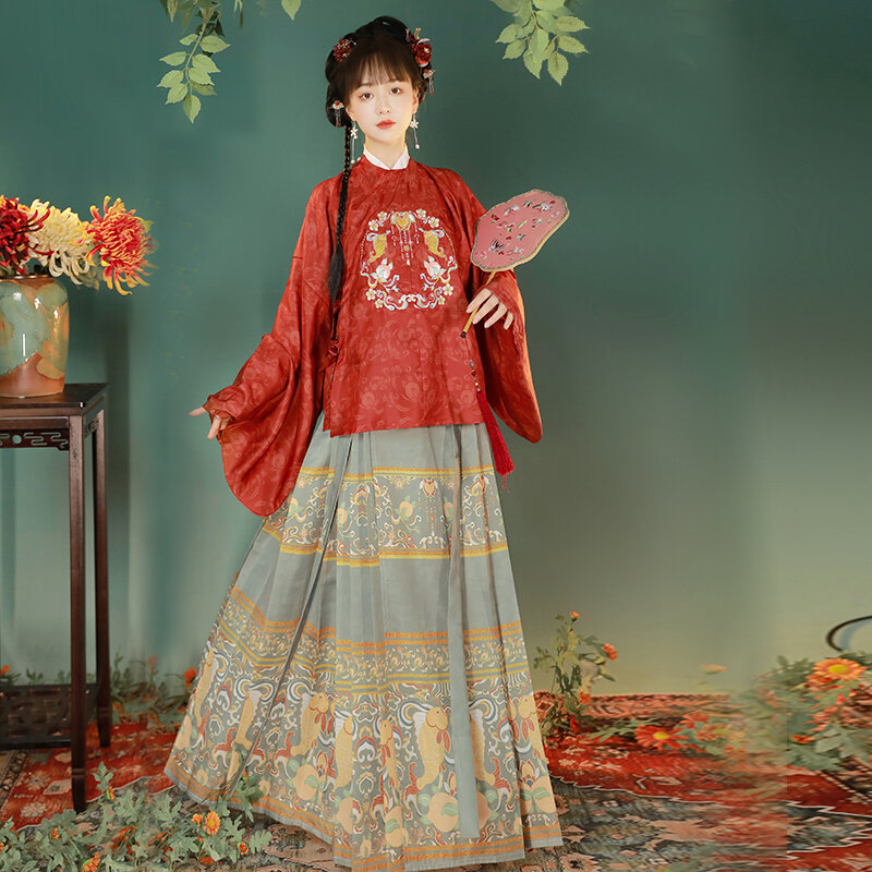Oryginalne chińskie tradycyjne Hanfu kobiece dynastia Ming wycięcie pod szyją haftowane Bijia koń twarz kucyk spódnica codzienna jesień zestaw zimowy