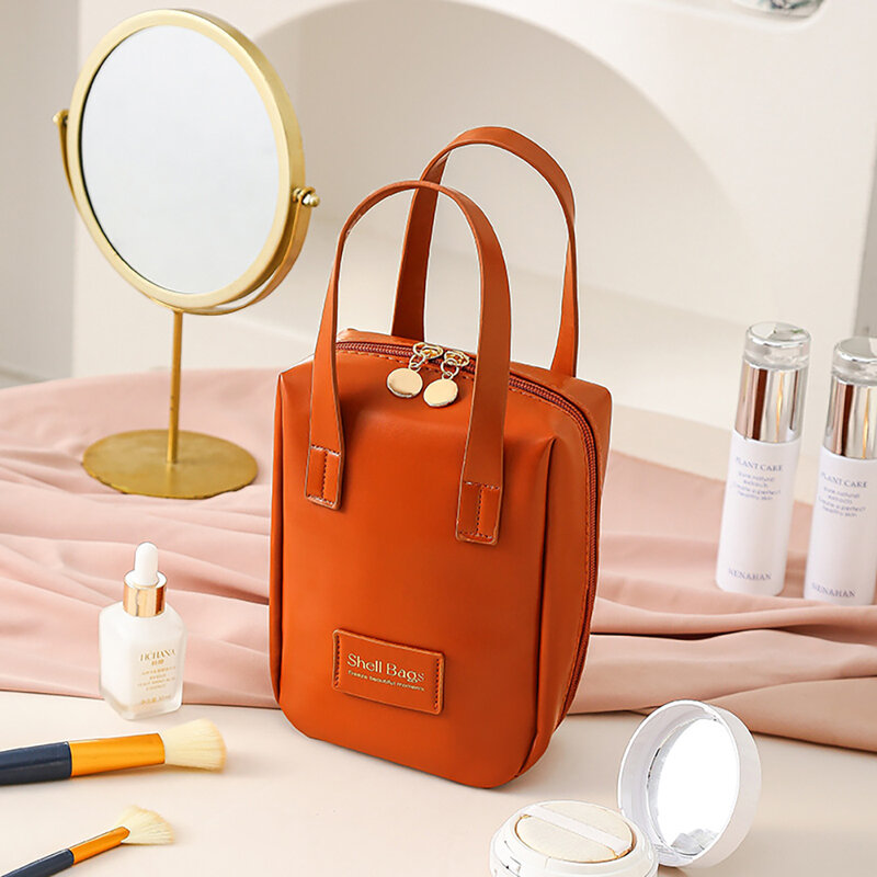 Tas Makeup wanita pegangan Pu portabel tas perlengkapan mandi tas tangan perempuan kotak Organizer Makeup Kit tahan air kantong kosmetik perjalanan