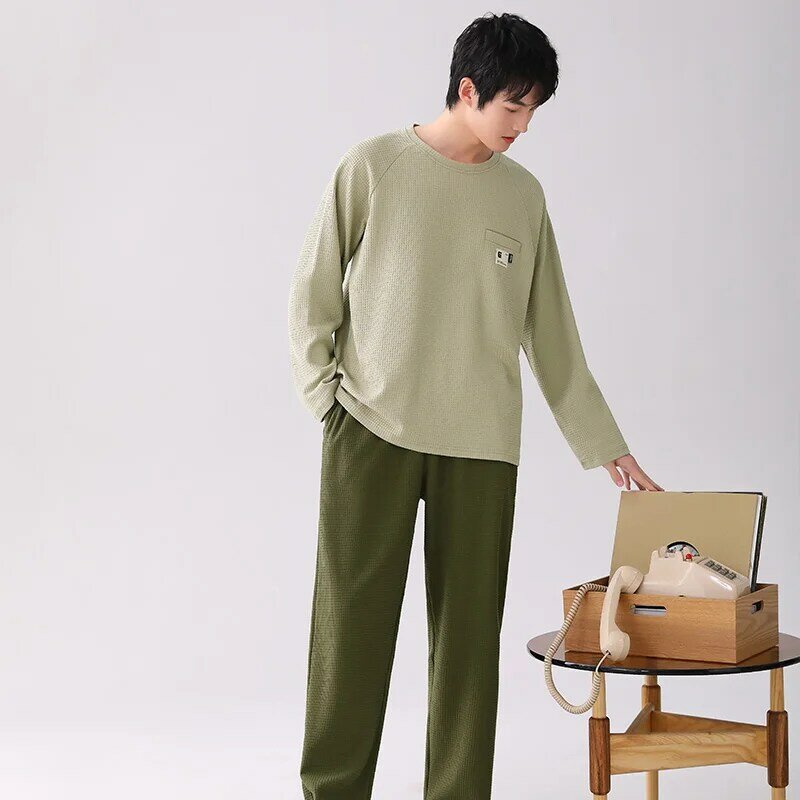 Conjunto de pijama de algodão puro masculino, pijama masculino de manga longa, pijama com gola redonda, roupa caseira casual, pijama para outono