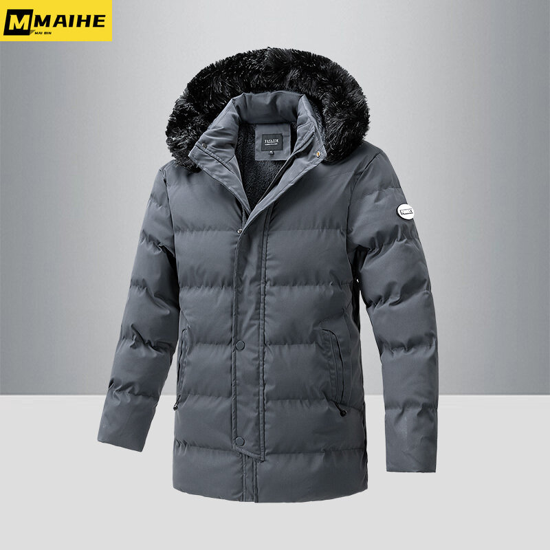 Jaket panjang bertudung untuk pria, jaket panjang musim dingin 2023 gaya Korea kerah bulu tahan angin berbantalan, mantel hangat berlapis bulu untuk berkemah Ski