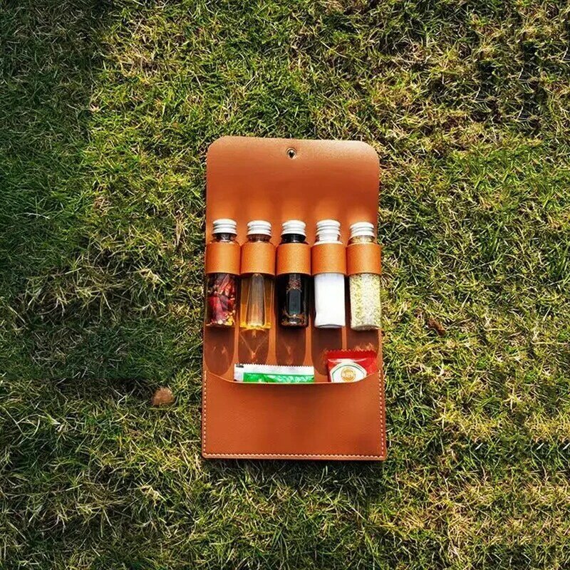 Outdoor Spices Bottle Set Portable Leather Waterproof Large Capacity Camping Hiking Bushcraft Picnic BBQ Seasoning Bag
