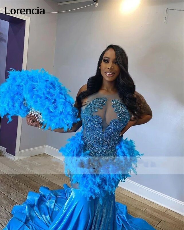 Lorencia Blue Velvet Feathers Prom Dress For Black Girl 2024 Beaded Crystal strass Birthday Paty Gowns Robe De Soiree YPD69