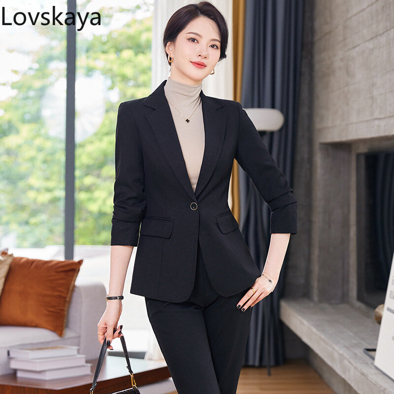 New Style Fashion Professional Long sleeved Suit Work Suit Rouge Powder Suit Set for Women Spring and Autumn