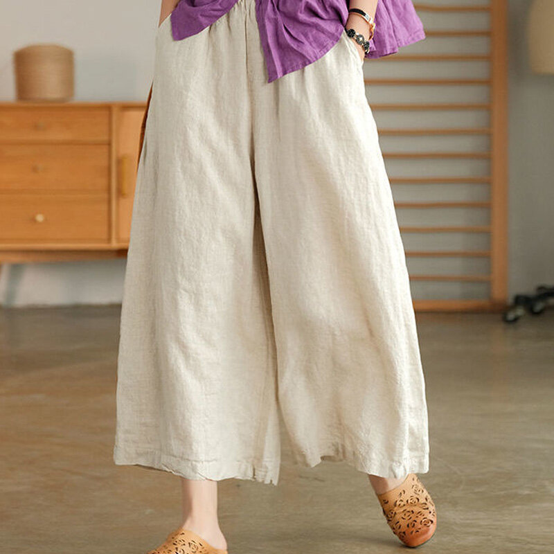 Luźne, jednokolorowe, lniane, bawełniane, proste damskie spodnie w stylu vintage z elastyczną talią i szerokimi nogawkami Letnia prostota Wygodna odzież damska