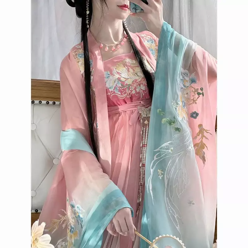 Fato de hanfu estilo chinês tradicional feminino bordado rosa, camisa de manga grande, dobra de verão, novo, 2024