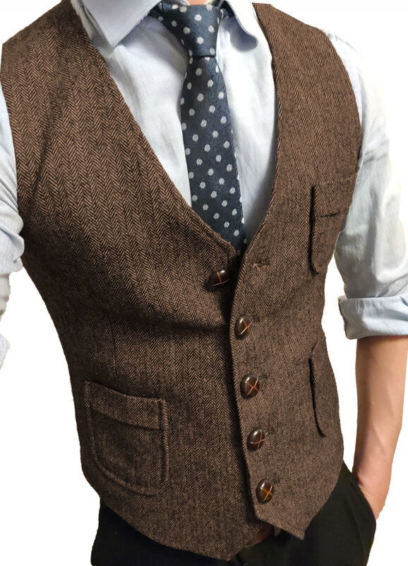 Colete masculino formal, colete com decote em v Tweed Herringbone, vestido de negócios, coletes de casamento