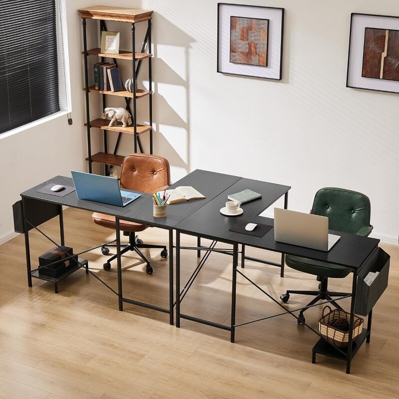 Escritorio de computadora en forma de L, mesa de juegos, escritorio de esquina, escritorio de estudio negro de escritura de PC de 50 pulgadas con escritorio de madera
