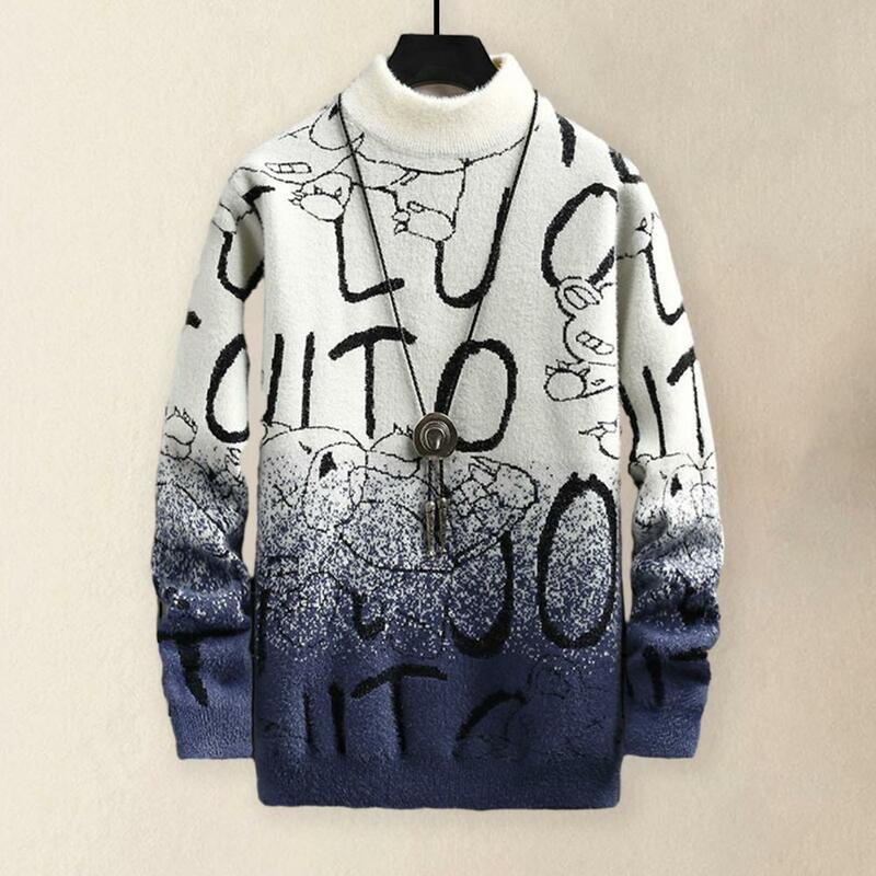 Thick Plush Pullover Thick Knitted Cartoon Print Men's Sweater Warm Pullover with Plush Lining Crew Neck Long Sleeves Letter