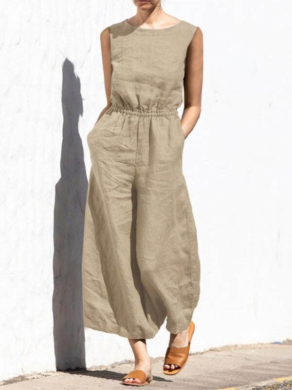 Elegant Linen And Cotton Women Jumpsuit, Office Uniform With Buttons And Round Neck, Sleeveless, With Elastic Pockets And Waist