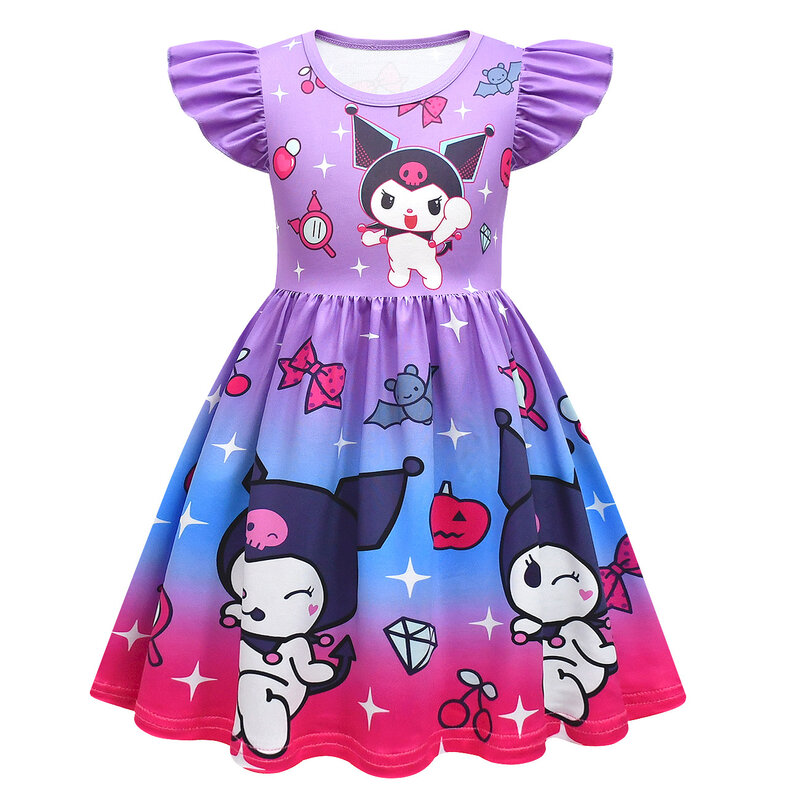 Dziecięce letnie ubrania dziecięce nadruk kreskówkowy sukienka Kuromi dziewczęce latające rękawy sukienka trapezowa