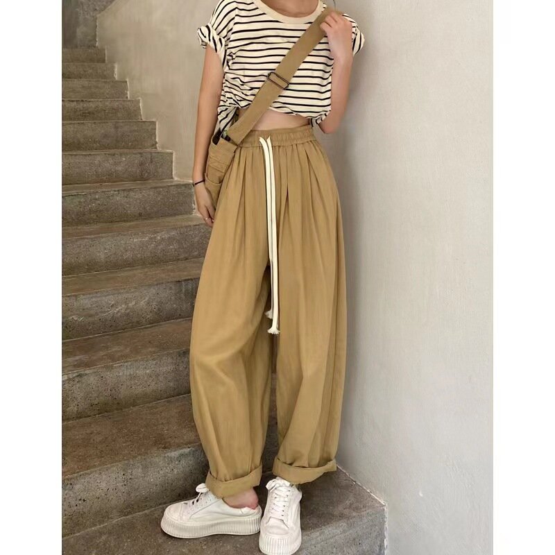 Spring and Autumn Women's Elastic Waist Drawstring Solid Color Pocket Pleated Workwear Pants High Waist Fashion Loose Pants