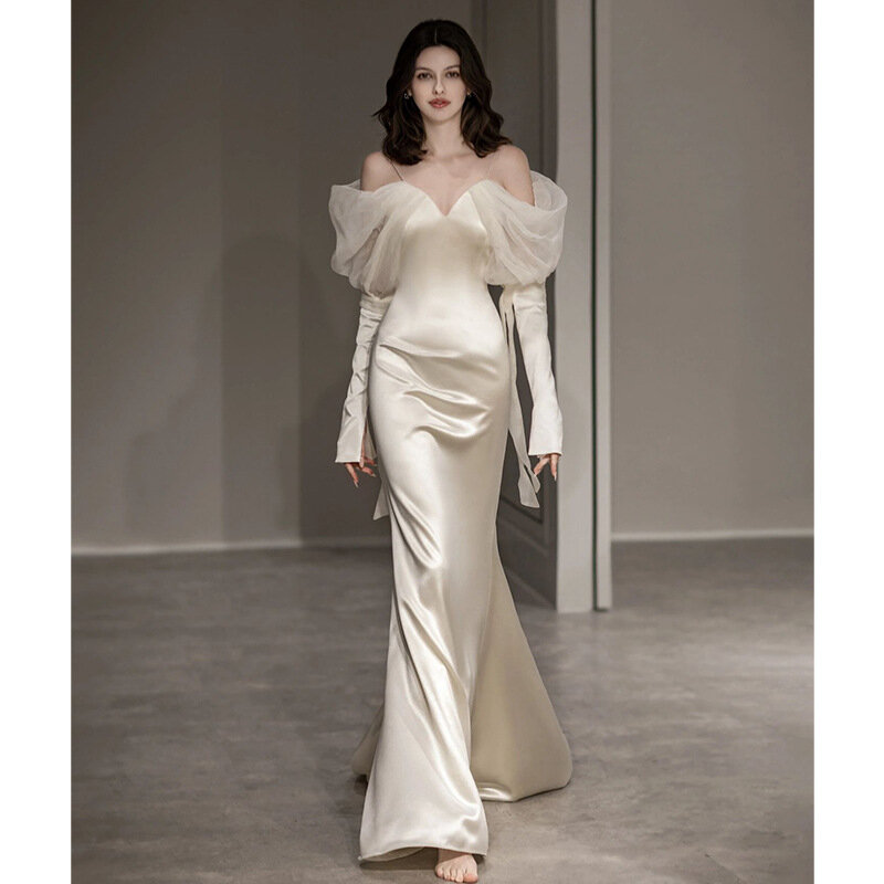 ETESANSFIN-vestido blanco satinado para mujer, vestido de fiesta, boda, novia, temperamento, nuevo, 2023