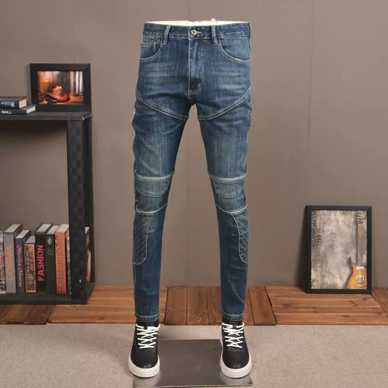 Jeans Pria Mode Streetwear Jeans Pengendara Sepeda Motor Desainer Sambungan Slim Fit Ketat Biru Retro Celana Hip Hop Celana Panjang Pria Sambungan