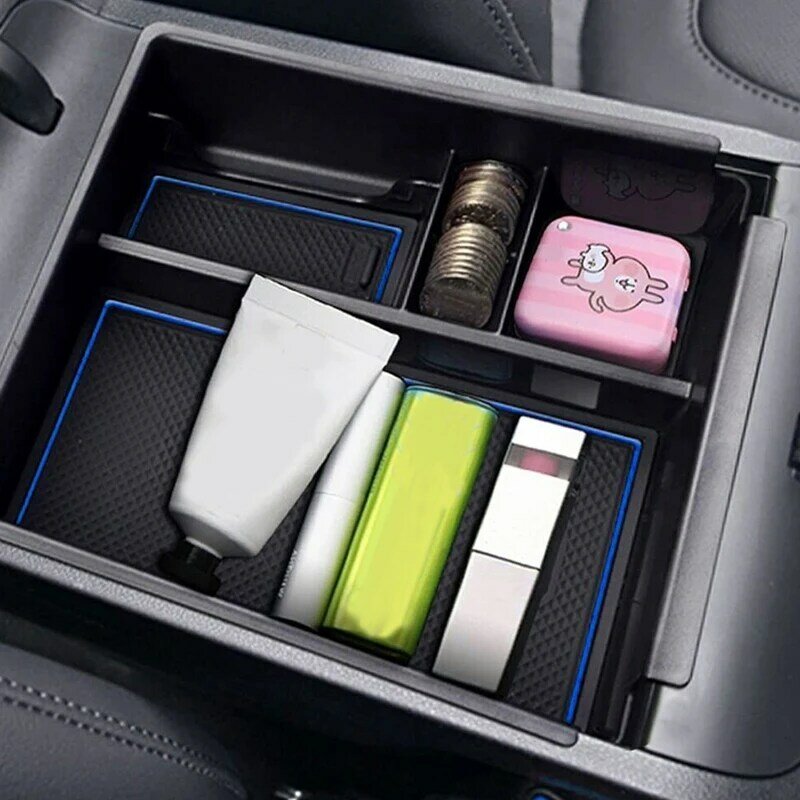 กล่องเก็บของที่พักแขนคอนโซลกลางรถยนต์พร้อมแผ่นขอบสีน้ำเงินเหมาะสำหรับ Hyundai Tucson NX4 2021 2022 ABS