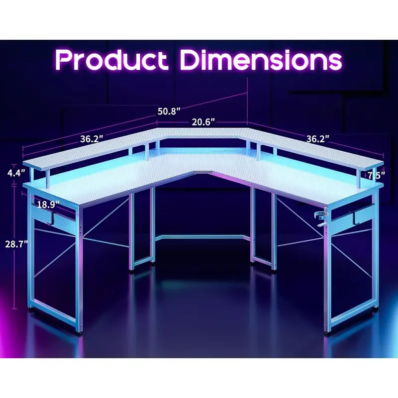 L Shaped Gaming Desk with LED Lights & Power Outlets, 51" Computer Desk with Full Monitor Stand,White Carbon Fiber