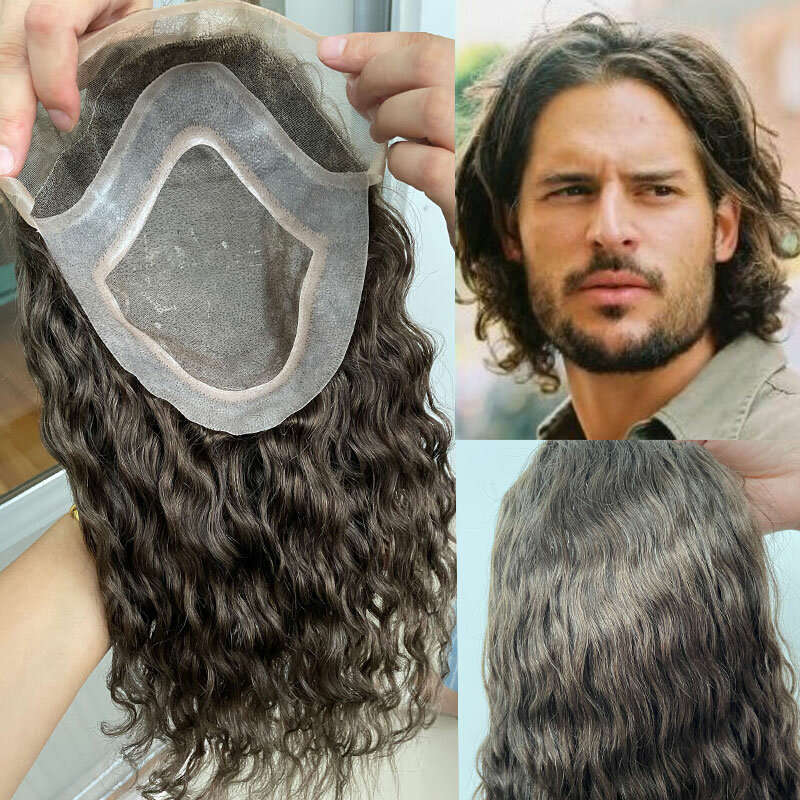 Rambut palsu bergelombang alami untuk pria, sistem pengganti rambut manusia, kulit Mono tipis Pu dan Prancis renda keras potongan rambut palsu depan 12