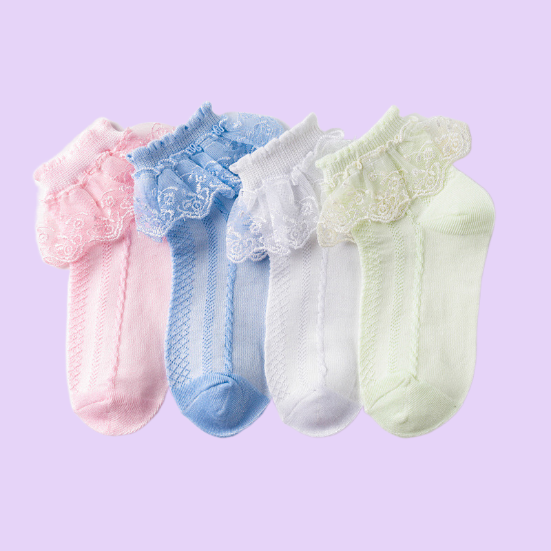 ถุงเท้าข้อต่ำ4/8คู่ถุงเท้าตาข่ายระบายอากาศได้มีเชือกผูกสีขาวมีระบายสำหรับเด็กทารกวัยหัดเดินสีขาวสีชมพูสีฟ้า