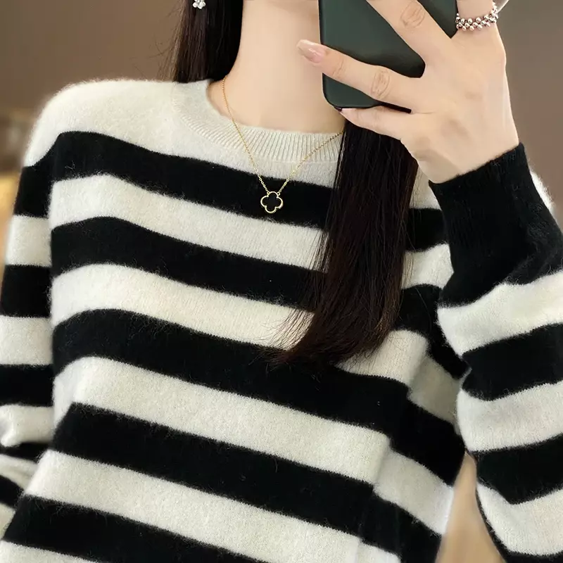 Autumn Winter Women New 100% Fine Merino Wool Sweater O-neck Stripe Color Matching Pullover Cashmere Casual Knitted Soft Top
