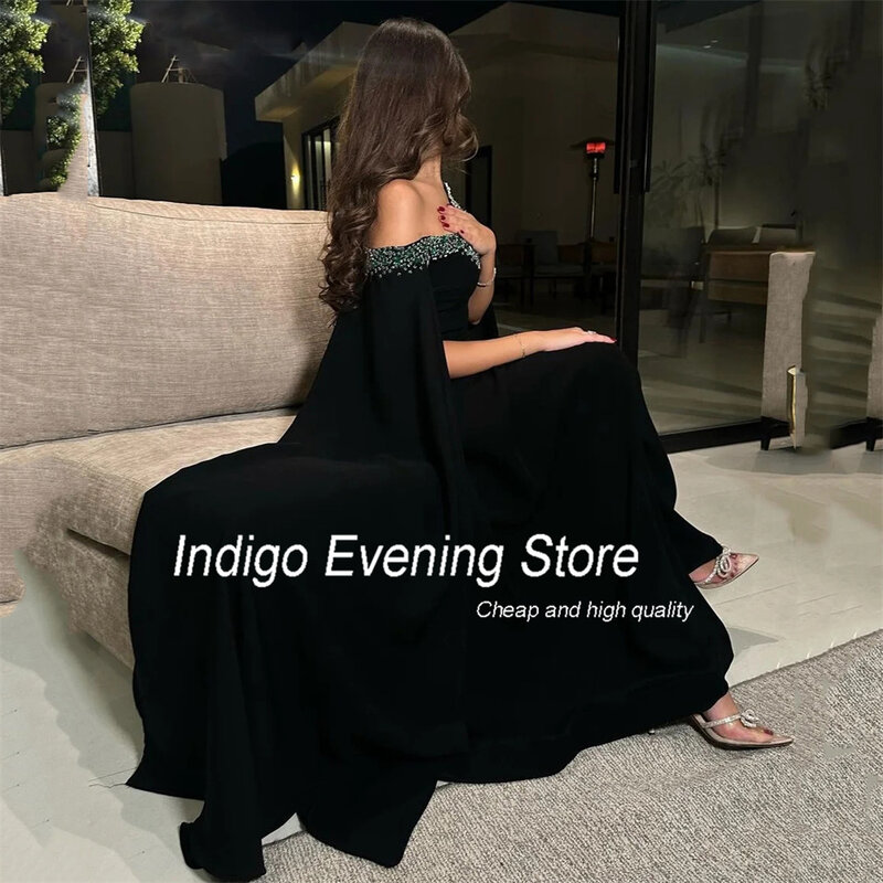 Indigo Ballkleid A-Linie von der Schulter Schatz Satin Perlen bodenlangen 2024 elegante Abendkleider für Frauen فساتين الس