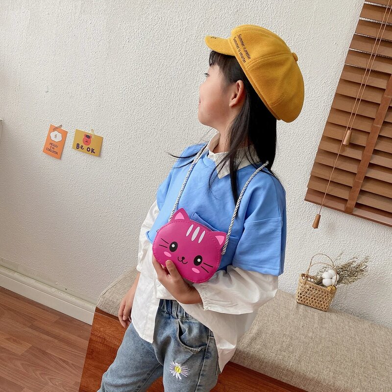 Tas Tangan Mini Anak-anak Putri Fashion Tas Selempang Bahu Kecil Kulit PU Bayi Perempuan Dompet Koin Anak-anak Kucing Lucu