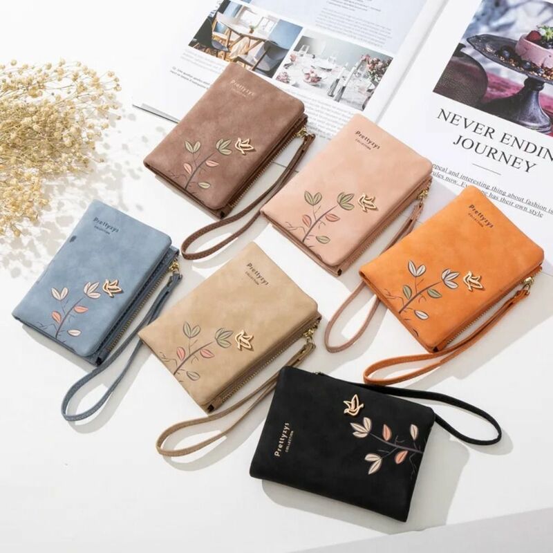 Zipper Women Short Wallet Small Clutch Bag PU Leather Ladies ID Card Holder Solid Color Bird Tree Pattern Design