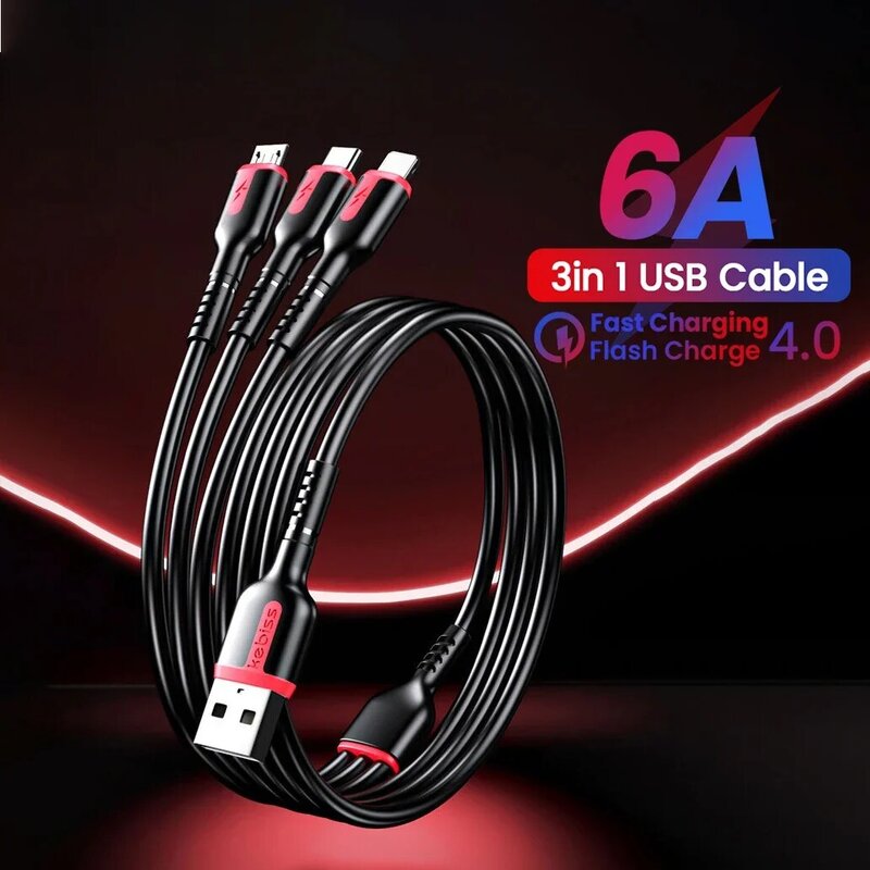 Fast Charging Cable 3 In 1 For iPhone Huawei Xiaomi Micro USB Type C Charger Cable USB Port Multiple