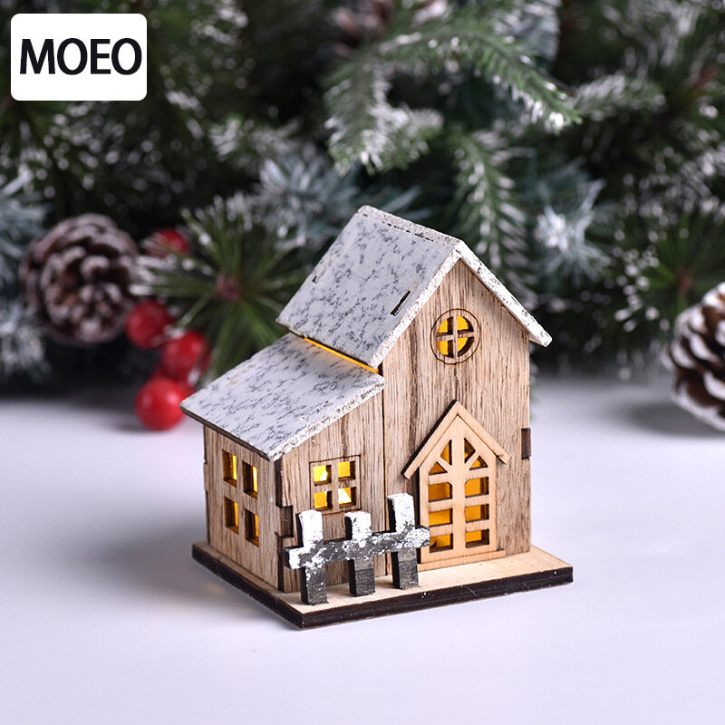 1PC Wood And Electronic Components Christmas LED Light Wooden House Luminous Christmas Decorations Kids Gift 8x7x9.5cm