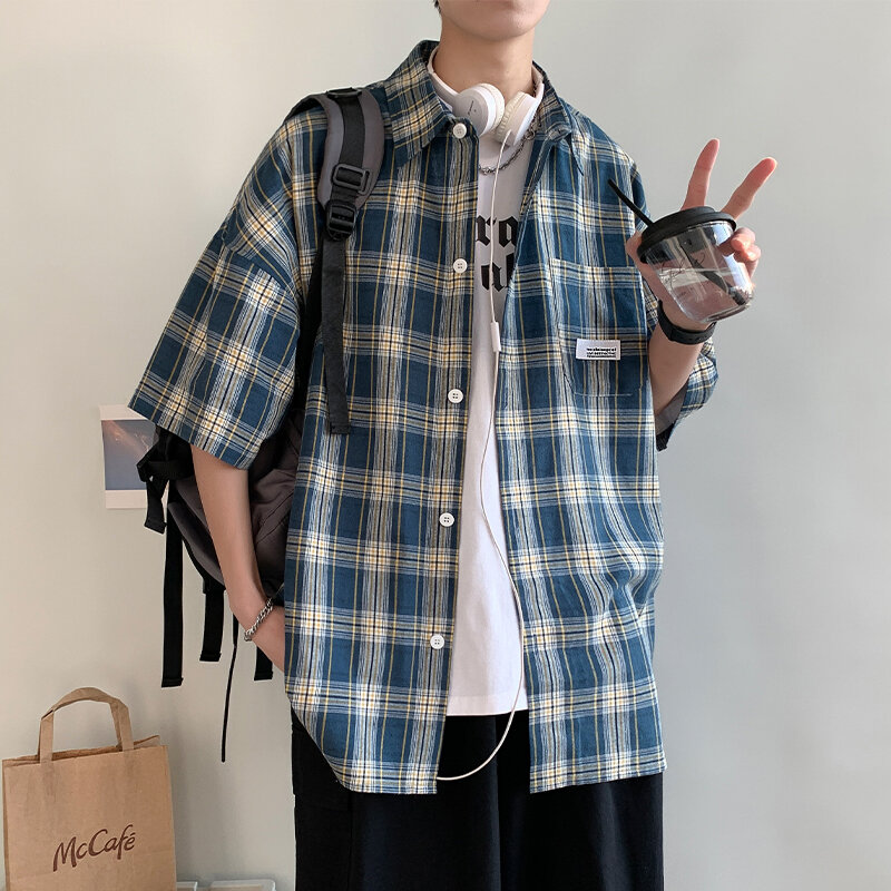 メンズ韓国ストリートウェアチェックシャツ,チェックシャツ,半袖ブラウス,サマーファッション,新品,y2k,2024