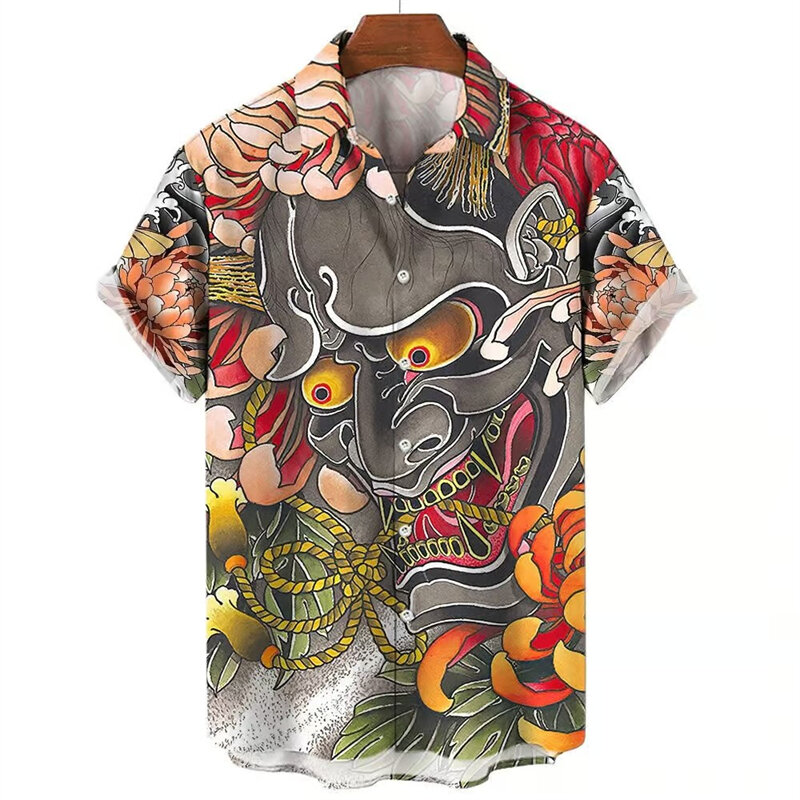 Vintage-Shirt für Männer Samurai-Print kurz ärmel ige männliche Camisa Revers Knöpfe weibliche Kleidung lässige Mode Tops übergroße Bluse
