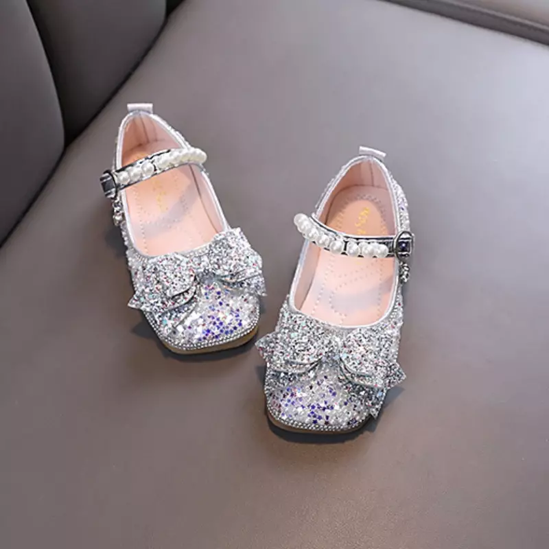 Zapatos planos de cuero para niña, zapatillas de Ballet de princesa con perlas, lazo de gancho, para fiesta de boda, Primavera