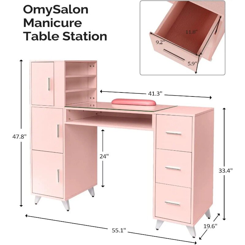 Meja manikur meja kuku untuk teknologi kuku, dengan sandaran kaca & atas pergelangan tangan, Salon kecantikan, dekorasi perlengkapan kuku stasiun kerja tahan aseton