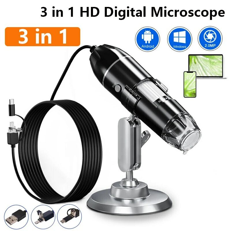 Mikroskop Digital portabel kamera, mikroskop elektronik Digital 1600X 3in 1 untuk solder, pembesar LED tipe-c isi daya USB
