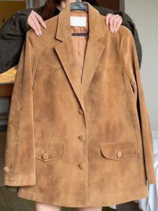 Office Lady Blazer Coat 2023 Autumn Fashion Brown Single Breasted Suede Female Jackets Long Sleeve Turn-down Collar Lady Outwear