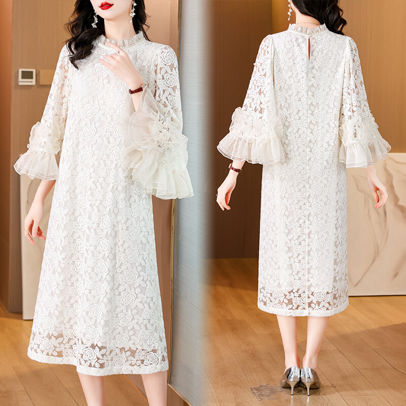 Dress Midi bordir manik-manik bunga wanita, gaun Maxi longgar elegan Korea musim panas Vintage Chic pesta malam 2024