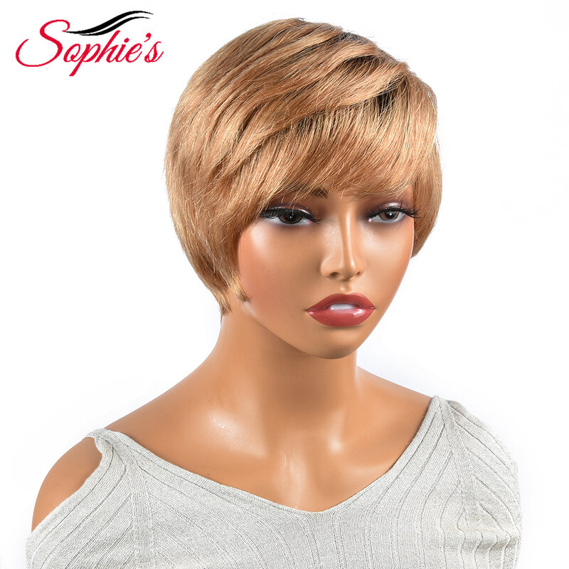 Sophies-peruca remy natural brasileira, corte pixie, curto, reto, colorido, sem renda, densidade 180%