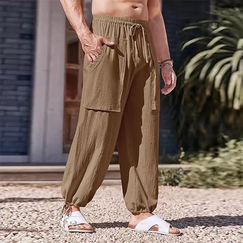 Calça de linho algodão com cordão vintage masculina, calça solta casual de cor sólida para praia verão, bolsos respiráveis