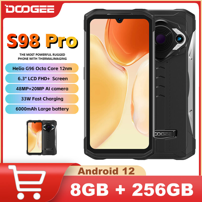 DOOGEE S98 프로 견고한 휴대폰, 안드로이드 스마트폰, 8GB + 256GB, 6.3 인치 FHD + 디스플레이, 6000mAh 배터리, 33W 고속 충전, Helio G96, 48MP
