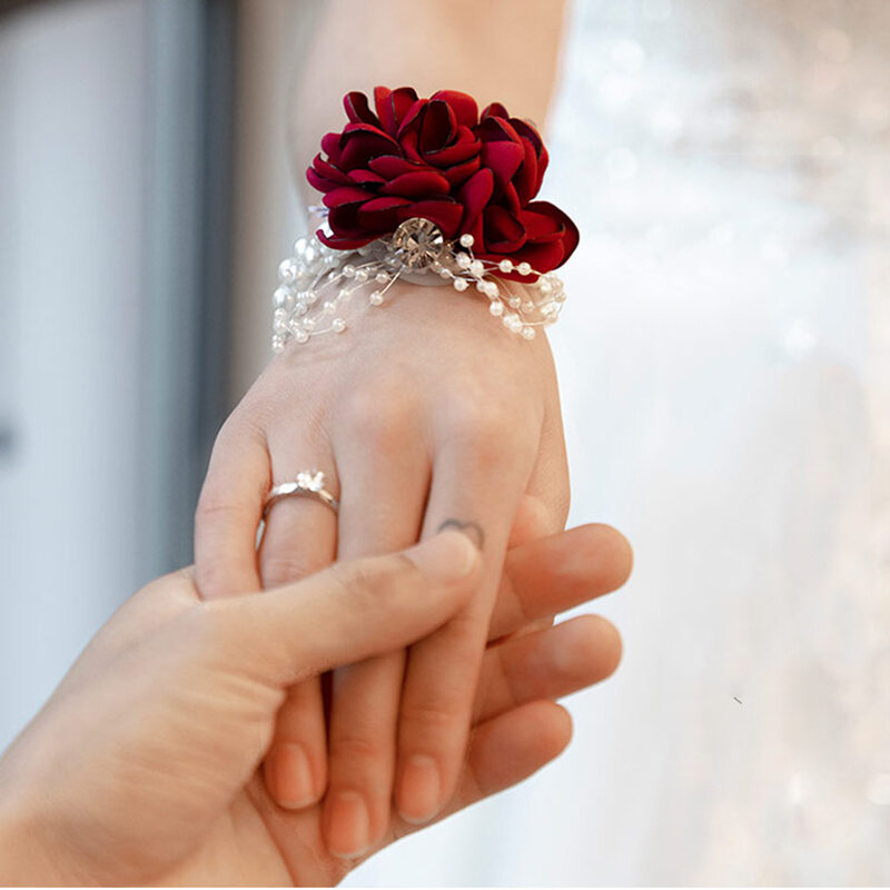 Gelang Pernikahan Korsase Pergelangan Tangan untuk Pengiring Pengantin Anggur Merah Sutra Pergelangan Tangan Korsase Pengiring Pengantin Saudara Bunga Tangan Pria Dekorasi Pesta Prom