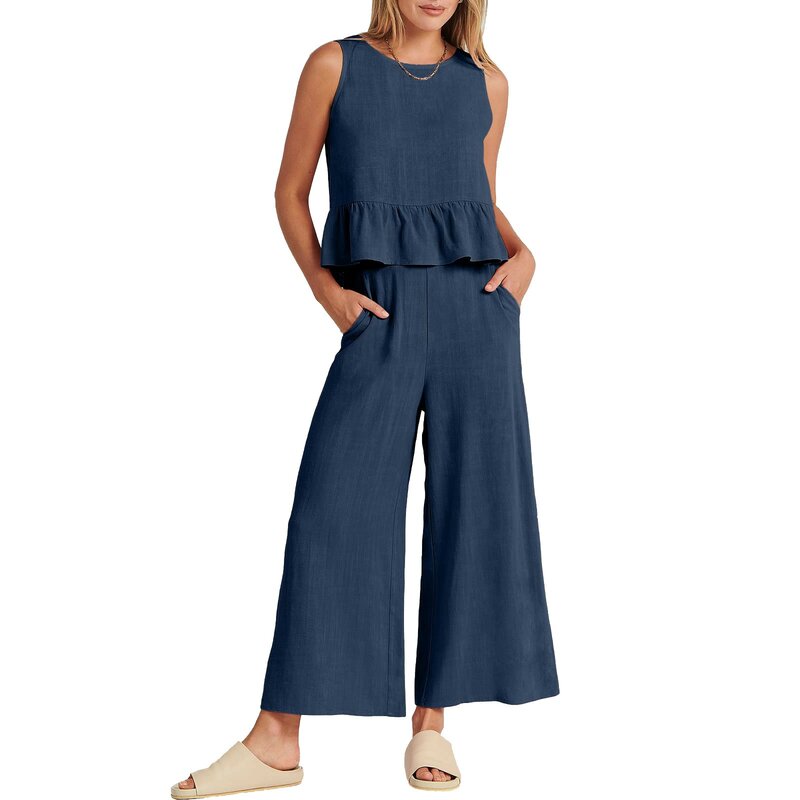 Women Suit Fashion Comfortable Cotton Linen Vest And Long Pants Solid Color Top and Loose Wide Leg Trousers Pockets Set Suit