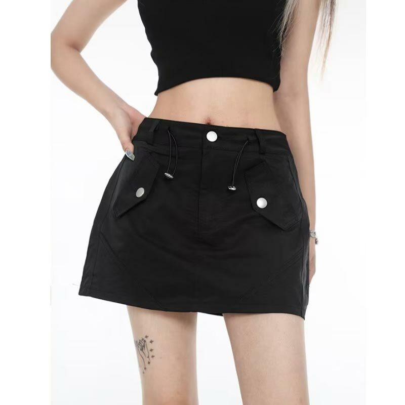 Faldas con cordón para mujer, ropa de calle Vintage Y2k, moda coreana, color gris y negro, 2024