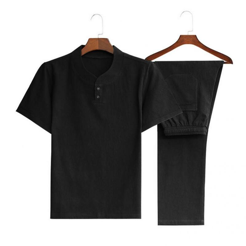 Stylish Shirt Pants Set Skin-friendly Drawstring Sweat Absorbing O Neck T-shirt Long Pants Set  Casual Suit Elastic Waist