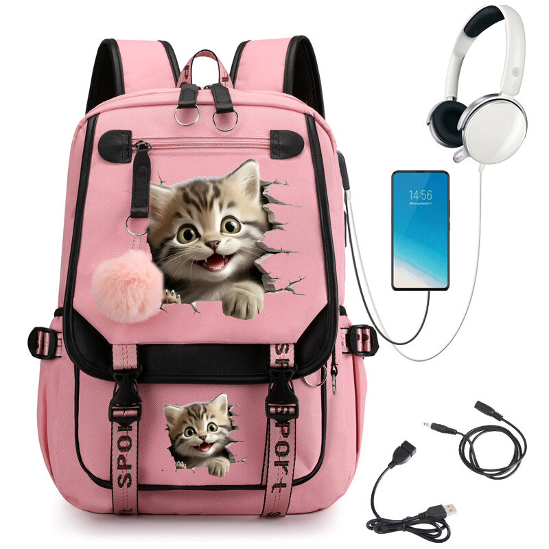 Школьный рюкзак с принтом кота, милый мультяшный ранец для студентов, подростков, Сумка с Usb-разъемом, сумка для ноутбука в стиле аниме для подростков