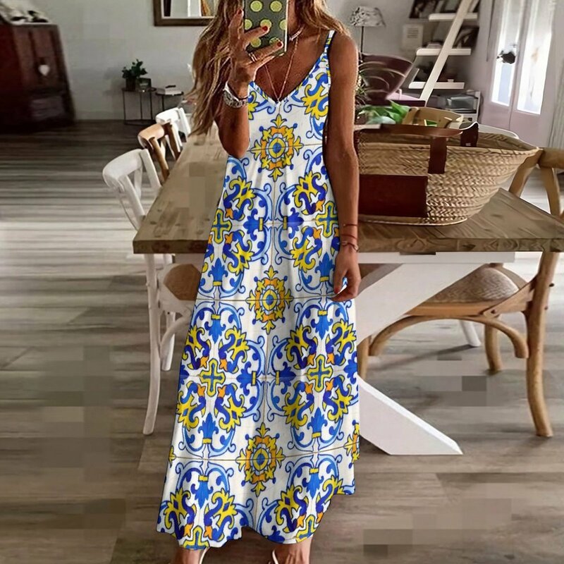 Vestido Vintage de azulejo sin mangas para mujer, vestido elegante de fiesta, verano, 2023, 2023