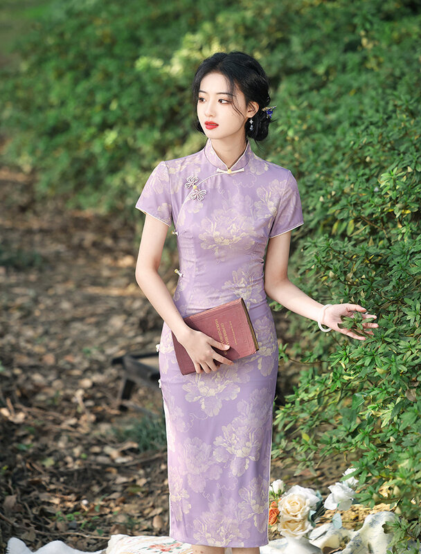 Elegante vestido de cetim estampado Qipao feminino, fino cheongsam manga curta, vestido de festa tradicional chinês