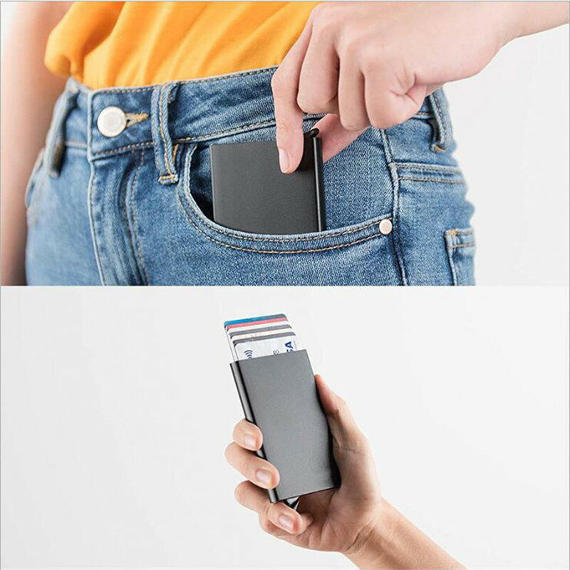 Смарт-кошелек с Rfid-защитой и держателем для карт, металлический тонкий бумажник для мужчин и женщин, выдвижной минималистичный маленький черный клатч, ремешок на руку для мужчин