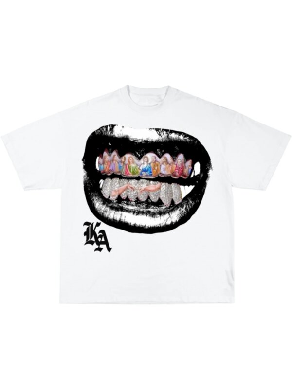 Sommer reine Baumwolle übergroße Zähne Grafik T-Shirts für Männer Frauen y2k Top Hip Hop Harajuku Mode Rundhals ausschnitt reine kurze Ärmel